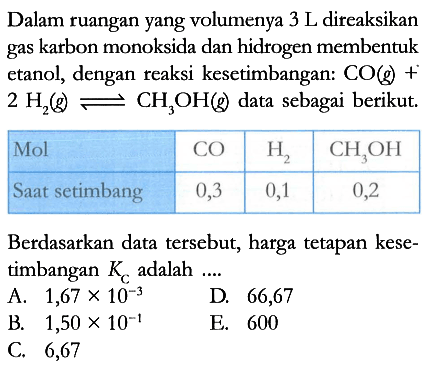 Dalam ruangan yang volumenya 3 L direaksikan gas karbon monoksida dan hidrogen membentuk etanol, dengan reaksi kesetimbangan: CO (g) + 2 H2 (g) <=> CH3OH (g) data sebagai berikut.

 Mol CO H2 CH3OH 
 Saat setimbang 0,3 0,1 0,2 


Berdasarkan data tersebut, harga tetapan kesetimbangan KC adalah ....
