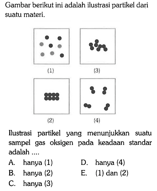 Gambar berikut ini adalah ilustrasi partikel dari suatu materi.
(1)
(5)
(3)
(4)
Ilustrasi partikel yang menunjukkan suatu sampel gas oksigen pada keadaan standar adalah ....
A. hanya (1)
D. hanya (4)
B. hanya (2)
E. (1) dan (2)
C. hanya (3)