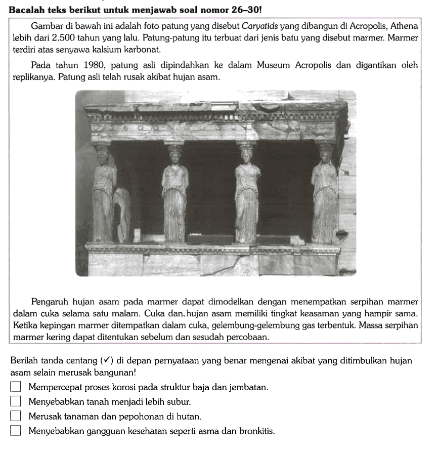 Bacalah teks berikut untuk menjawab soal nomor 26-30!
Gambar di bawah ini adalah foto patung yang disebut Caryatids yang dibangun di Acropolis, Athena lebih dari 2.500 tahun yang lalu. Patung-patung itu terbuat dari jenis batu yang disebut marmer. Marmer terdiri atas senyawa kalsium karbonat.
Pada tahun 1980, patung asli dipindahkan ke dalam Museum Acropolis dan digantikan oleh replikanya. Patung asli telah rusak akibat hujan asam.
Pengaruh hujan asam pada marmer dapat dimodelkan dengan menempatkan serpihan marmer dalam cuka selama satu malam. Cuka dan, hujan asam memiliki tingkat keasaman yang hampir sama. Ketika kepingan marmer ditempatkan dalam cuka, gelembung-gelembung gas terbentuk. Massa serpihan marmer kering dapat ditentukan sebelum dan sesudah percobaan.
Berilah tanda centang (v) di depan pernyataan yang benar mengenai akibat yang ditimbulkan hujan asam selain merusak bangunan!
kotak Mempercepat proses korosi pada struktur baja dan jembatan.
kotak Menyebabkan tanah menjadi lebih subur.
kotak Merusak tanaman dan pepohonan di hutan.
kotak Menyebabkan gangguan kesehatan seperti asma dan bronkitis.