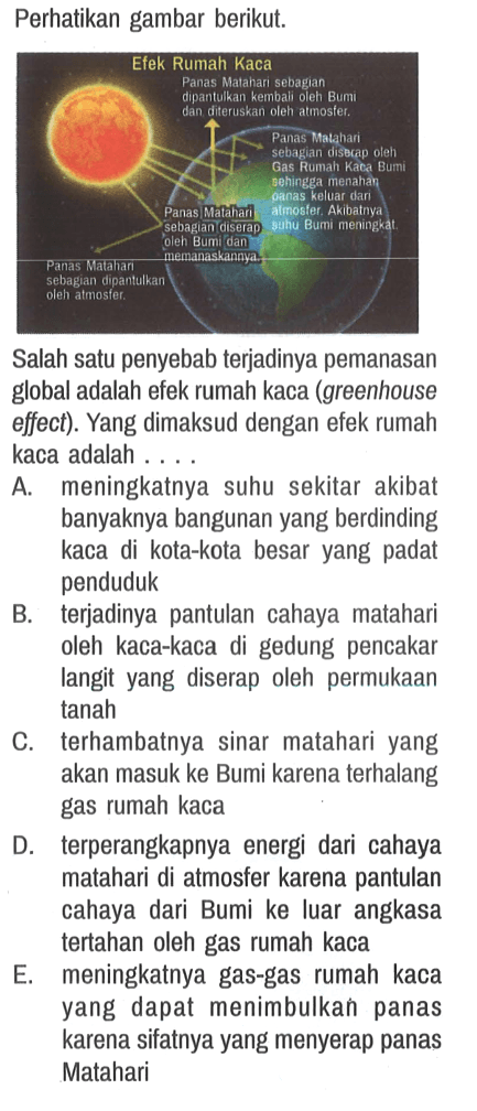 Perhatikan gambar berikut.
Efek Rumah Kaca
Panas Matahari sebagian dipantulkan kembali oleh Bumi dan diteruskan oleh atmosfer.
Panas Matahari sebagian diserap oleh Gas Rumah Kaca Bumi sehingga menahan panas keluar dari atmosfer. Akibatnya suhu Bumi meningkat.
Panas Matahari sebagian diserap oleh Bumi dan memanaskannya.
Panas Matahari sebagian dipantulkan oleh atmosfer.

Salah satu penyebab terjadinya pemanasan global adalah efek rumah kaca (greenhouse effect). Yang dimaksud dengan efek rumah kaca adalah.....
A. meningkatnya suhu sekitar akibat banyaknya bangunan yang berdinding kaca di kota-kota besar yang padat penduduk
B. terjadinya pantulan cahaya matahari oleh kaca-kaca di gedung pencakar langit yang diserap oleh permukaan tanah
C. terhambatnya sinar matahari yang akan masuk ke Bumi karena terhalang gas rumah kaca
D. terperangkapnya energi dari cahaya matahari di atmosfer karena pantulan cahaya dari Bumi ke luar angkasa tertahan oleh gas rumah kaca
E. meningkatnya gas-gas rumah kaca yang dapat menimbulkan panas karena sifatnya yang menyerap panas Matahari