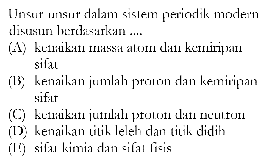 Unsur-unsur dalam sistem periodik modern disusun berdasarkan ....