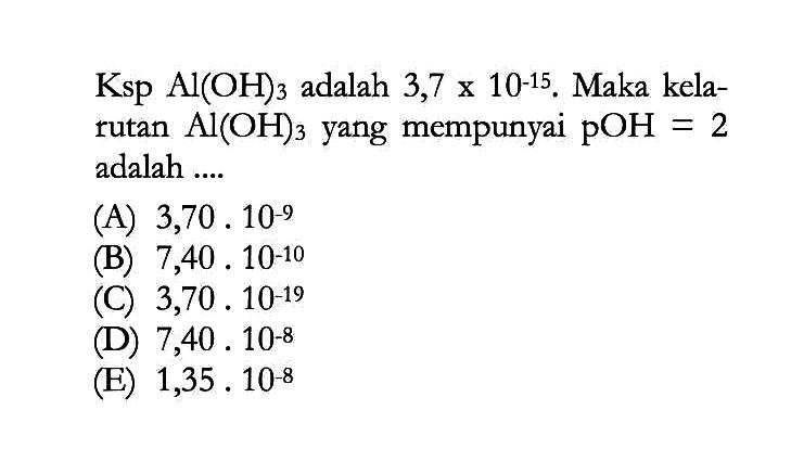 Ksp Al(OH)3 adalah 3,7x10^-15. Maka kelarutan Al(OH)3 yang mempunyai pOH=2  adalah....