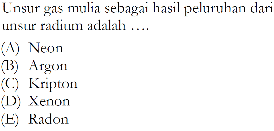 Unsur gas mulia sebagai hasil peluruhan dari unsur radium adalah...