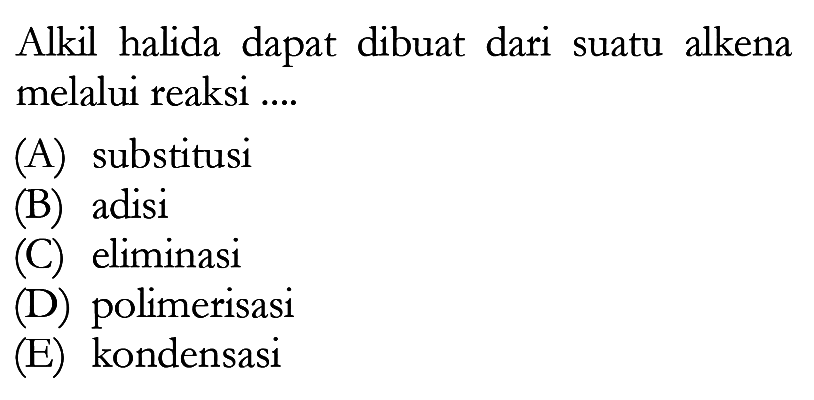 Alkil halida dapat dibuat dari suatu alkena melalui reaksi ....