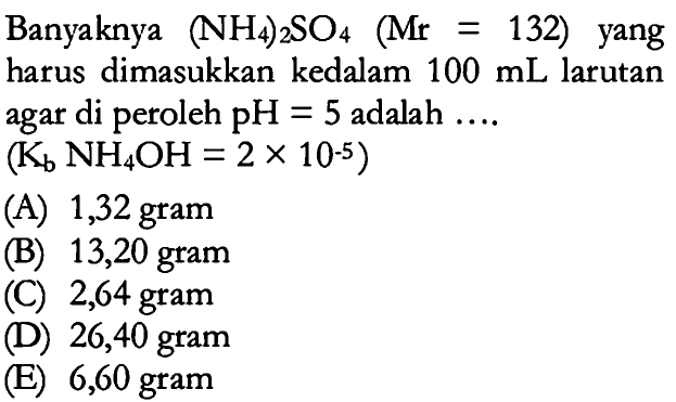 Banyaknya (NH4)2SO4(Mr=132) yang harus dimasukkan kedalam 100 mL larutan agar di peroleh pH=5 adalah .... (Kb NH4OH=2 x 10^(-5))
