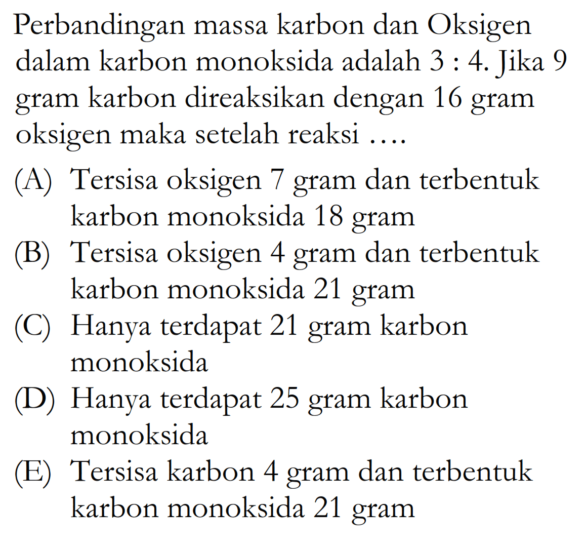 Perbandingan massa karbon dan Oksigen dalam karbon monoksida adalah  3:4. Jika 9 gram karbon direaksikan dengan 16 gram oksigen maka setelah reaksi ....
(A) Tersisa oksigen 7 gram dan terbentuk karbon monoksida 18 gram
(B) Tersisa oksigen 4 gram dan terbentuk karbon monoksida 21 gram
(C) Hanya terdapat 21 gram karbon monoksida
(D) Hanya terdapat 25 gram karbon monoksida
(E) Tersisa karbon 4 gram dan terbentuk karbon monoksida 21 gram