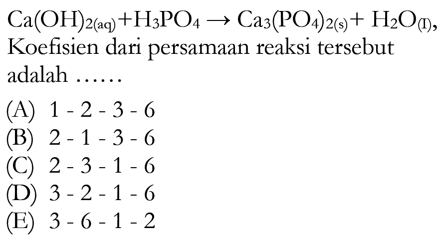 Ca(OH)2(aq)+H3PO4 -> Ca3(PO4)2(s)+H2O(I) Koefisien dari persamaan reaksi tersebut adalah......