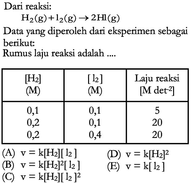 Dari reaksi: H2(g)+12(g) -> 2 Hl(g) Data yang diperoleh dari eksperimen sebagai berikut:Rumus laju reaksi adalah .... [H2] (M) [l2] [M] Laju reaksi [M det^2] 0,1 0,1 5 0,2 0,1 20 0,2 0,4 20 (A) v=k[H2][l2] (B) v=k[H2]^2[l2] (C) v=k[H2][l2]^2 (D) v=k[H2]^2 (E) v=k[l2] 