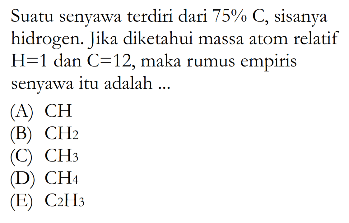 Suatu senyawa terdiri dari 75% C, sisanya hidrogen. Jika diketahui massa atom relatif H=1 dan C=12, maka rumus empiris senyawa itu adalah...