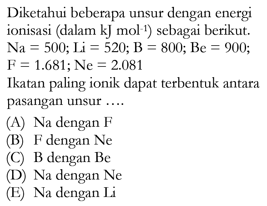 Diketahui beberapa unsur dengan energi ionisasi (dalam  kJ mol^(-1)) sebagai berikut.  Na=500; Li=520; B=800; Be=900;   F=1.681; Ne=2.081 Ikatan paling ionik dapat terbentuk antara pasangan unsur....