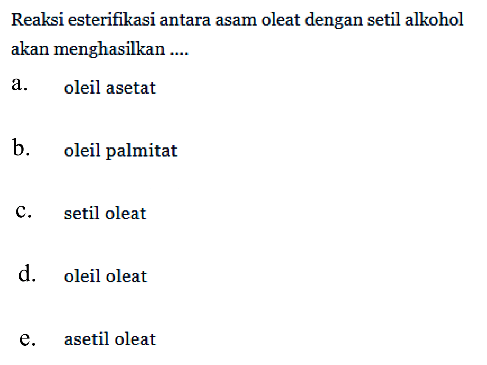 Reaksi esterifikasi antara asam oleat dengan setil alkohol akan menghasilkan ....