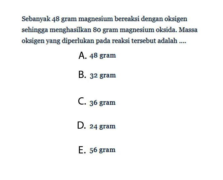 Sebanyak 48 gram magnesium bereaksi dengan oksigen sehingga menghasilkan 80 gram magnesium oksida. Massa oksigen yang diperlukan pada reaksi tersebut adalah ....