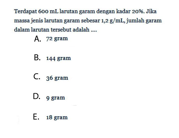 Terdapat  600 mL  larutan garam dengan kadar 20%. Jika massa jenis larutan garam sebesar 1,2 g/mL , jumlah garam dalam larutan tersebut adalah ....