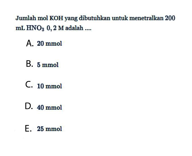 Jumlah mol KOH yang dibutuhkan untuk menetralkan 200 mL HNO3 0,2 M adalah ....