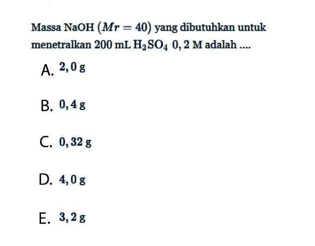 Massa NaOH(Mr=40) yang dibutuhkan untuk menetralkan 200 mL H2SO4 0,2 M adalah ....