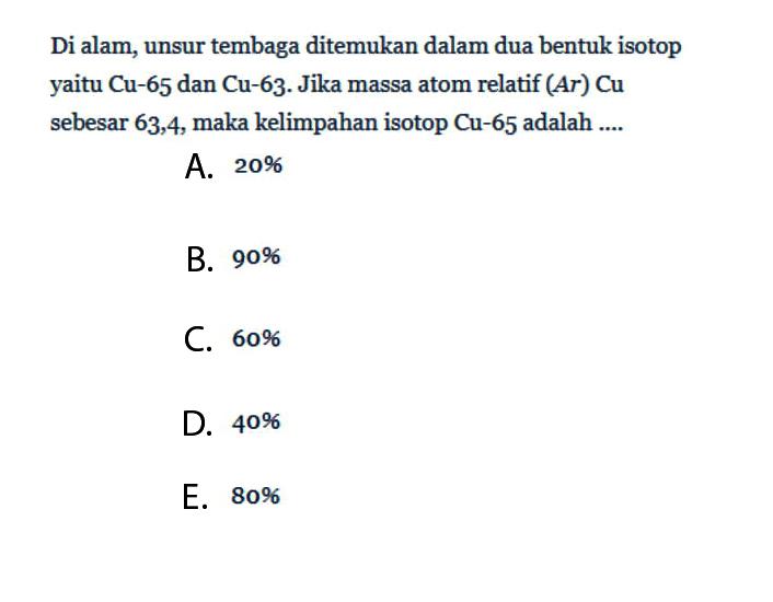 Di alam, unsur tembaga ditemukan dalam dua bentuk isotop yaitu Cu-65 dan Cu-63. Jika massa atom relatif (Ar) Cu sebesar 63,4, maka kelimpahan isotop Cu-65 adalah ....