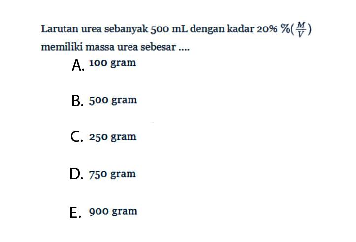 Larutan urea sebanyak  500 mL  dengan kadar  20%%(M/V)  memiliki massa urea sebesar....