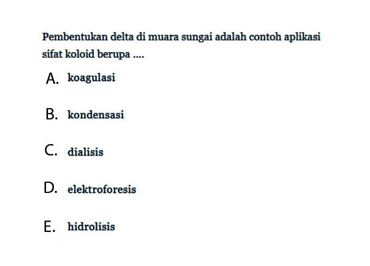 Pembentukan delta di muara sungai adalah contoh aplikasi sifat koloid berupa ....
