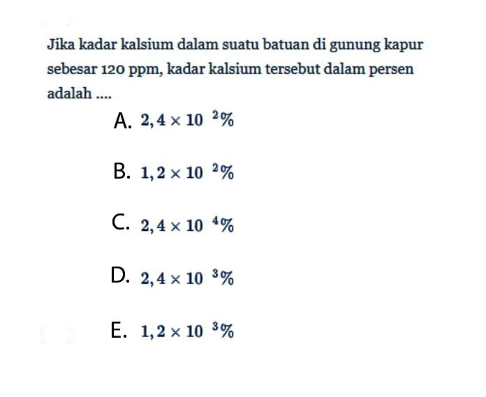 Jika kadar kalsium dalam suatu batuan di gunung kapur sebesar 120 ppm, kadar kalsium tersebut dalam persen adalah ....