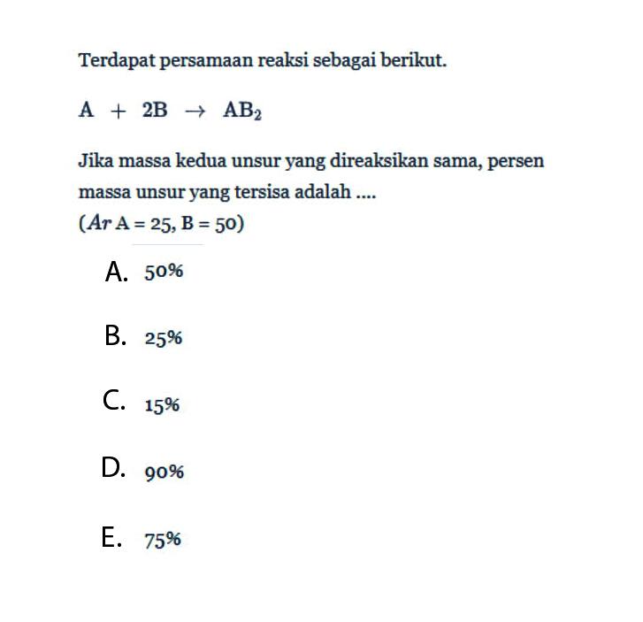 Terdapat persamaan reaksi sebagai berikut. A + 2B -> AB2 Jika massa kedua unsur yang direaksikan sama, persen massa unsur yang tersisa adalah .... (Ar A=25, B=50)