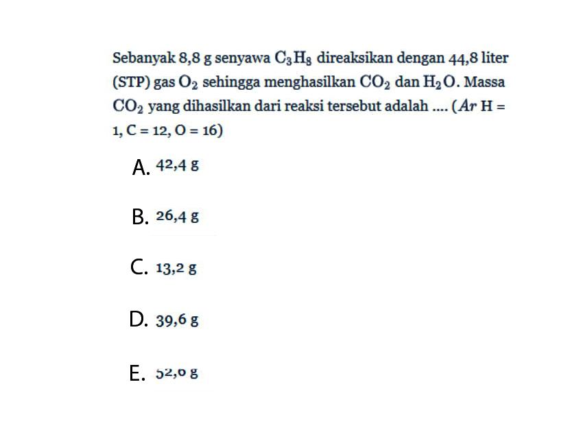 Sebanyak 8,8 g senyawa C3H3 direaksikan dengan 44,8 liter (STP) gas O2 sehingga menghasilkan  CO2 dan H2O. Massa CO2 yang dihasilkan dari reaksi tersebut adalah .... (Ar H=1, C=12, O=16)