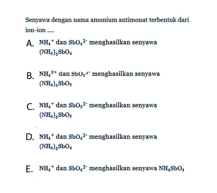 Senyawa dengan nama amonium antimonat terbentuk dari ion-ion ....