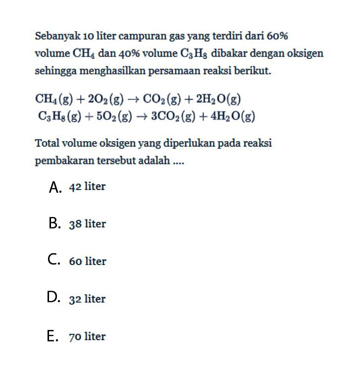 Sebanyak 10 liter campuran gas yang terdiri dari 60% volume CH4 dan 40% volume C3H8 dibakar dengan oksigen sehingga menghasilkan persamaan reaksi berikut. CH4(g)+2O2(g)->CO2(g)+2H2O(g) C3H8(g)+5O2(g)->3CO2(g)+4H2O(g) Total volume oksigen yang diperlukan pada reaksi pembakaran tersebut adalah....