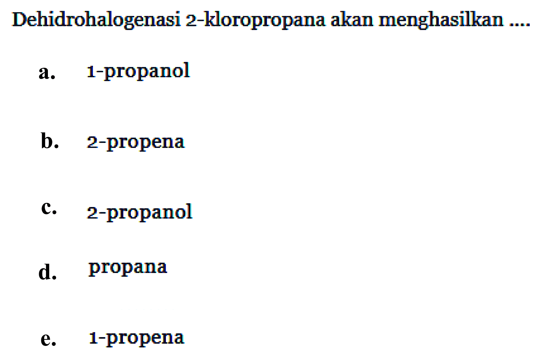 Dehidrohalogenasi 2-kloropropana akan menghasilkan ....