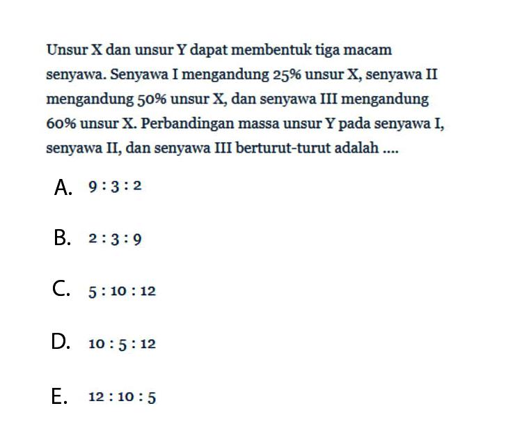 Unsur X dan unsur Y dapat membentuk tiga macam senyawa. Senyawa I mengandung 25% unsur X, senyawa II mengandung 50% unsur X, dan senyawa III mengandung 60% unsur X. Perbandingan massa unsur Y pada senyawa I, senyawa II, dan senyawa III berturut-turut adalah....