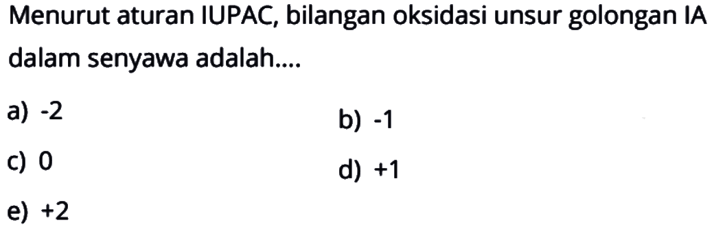 Menurut aturan IUPAC, bilangan oksidasi unsur golongan IA dalam senyawa adalah.... 