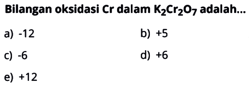 Bilangan oksidasi Cr dalam K2Cr2O7 adalah...