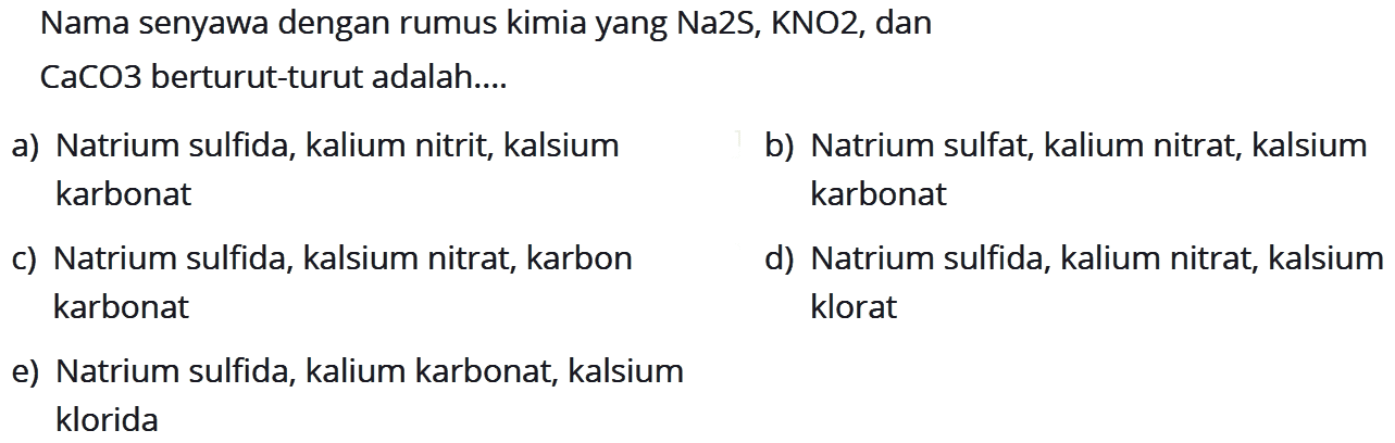 Nama senyawa dengan rumus kimia yang Na2S, KNO2, danCaCO3 berturut-turut adalah ....