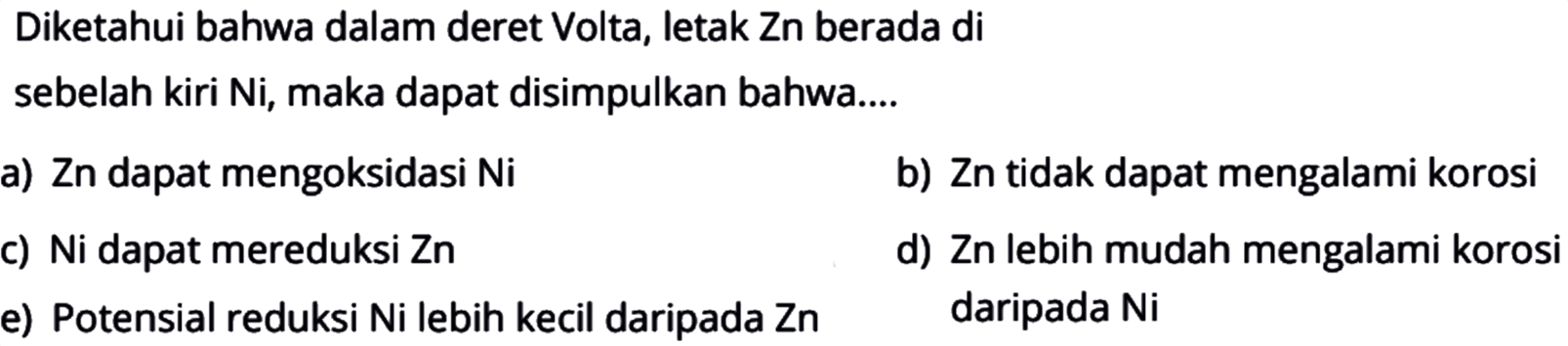 Diketahui bahwa dalam deret Volta, letak Zn berada di sebelah kiri Ni, maka dapat disimpulkan bahwa....
