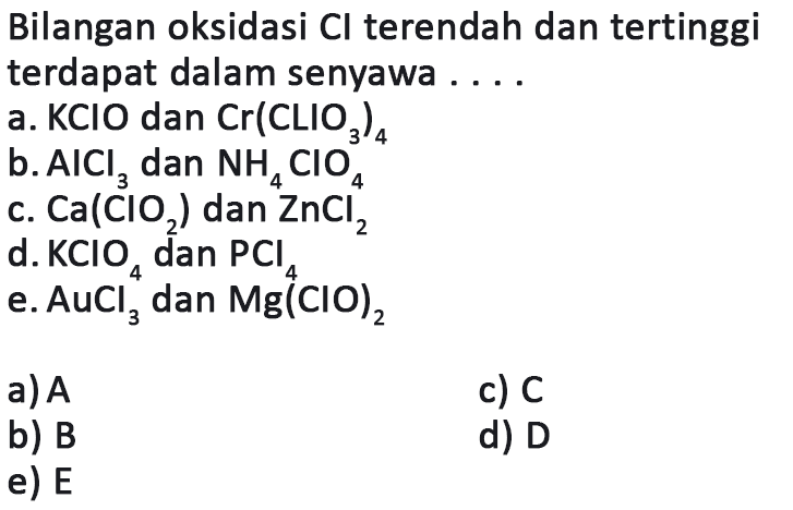 Bilangan oksidasi  Cl  terendah dan tertinggi terdapat dalam senyawa ....a.  KClO  dan  Cr(CLIO3)4 b.  AlCl3  dan  NH4ClO4 c.  Ca(ClO2)  dan  ZnCl2 d.  KClO4  dan  PCl4 e.  AuCl3  dan  Mg(ClO)2 