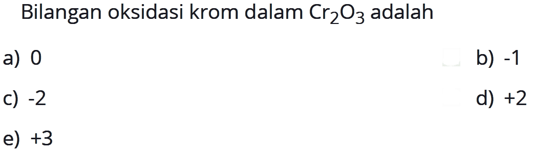 Bilangan oksidasi krom dalam  Cr2O3  adalah