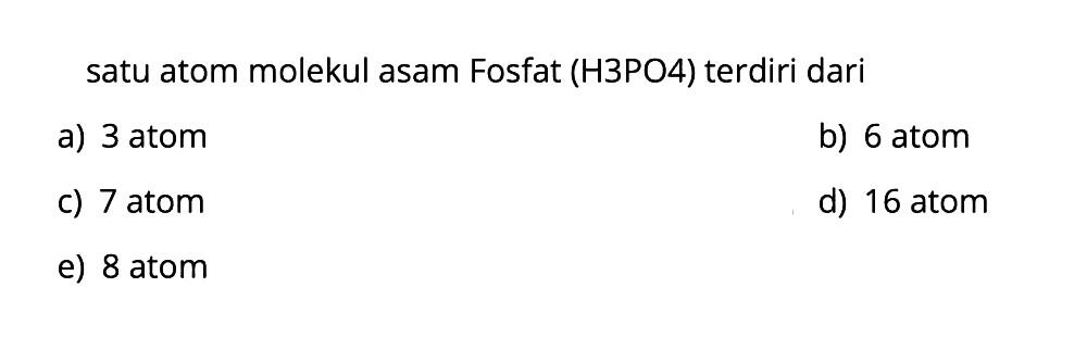 satu atom molekul asam Fosfat (H3PO4) terdiri dari
