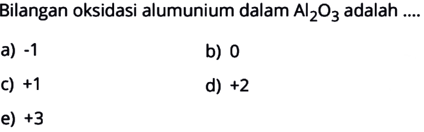 Bilangan oksidasi alumunium dalam Al2O3 adalah ....