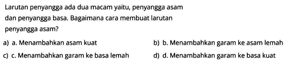 Larutan penyangga ada dua macam yaitu, penyangga asam dan penyangga basa. Bagaimana cara membuat larutan penyangga asam?