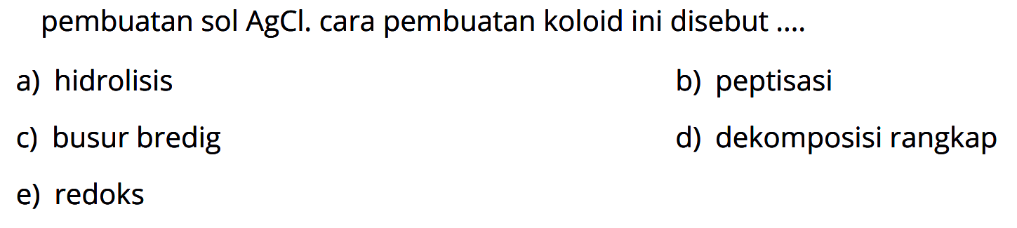 pembuatan sol  AgCl . cara pembuatan koloid ini disebut ....