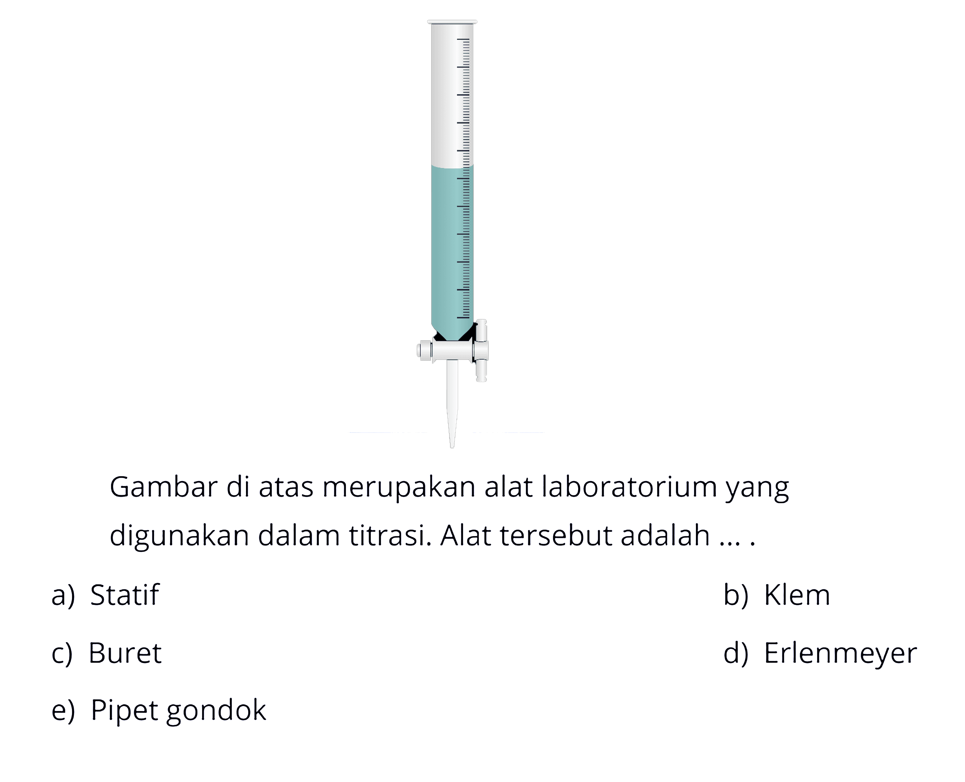 Gambar di atas merupakan alat laboratorium yang digunakan dalam titrasi. Alat tersebut adalah ....a) Statifb) Klemc) Buretd) Erlenmeyere) Pipet gondok