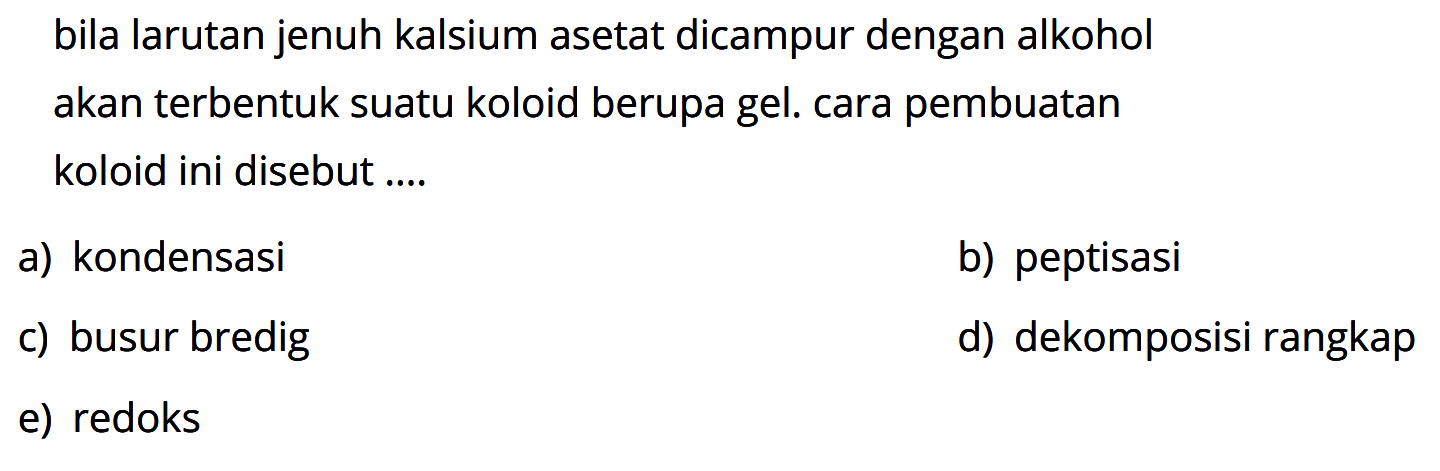 bila larutan jenuh kalsium asetat dicampur dengan alkohol akan terbentuk suatu koloid berupa gel. cara pembuatan koloid ini disebut ....
