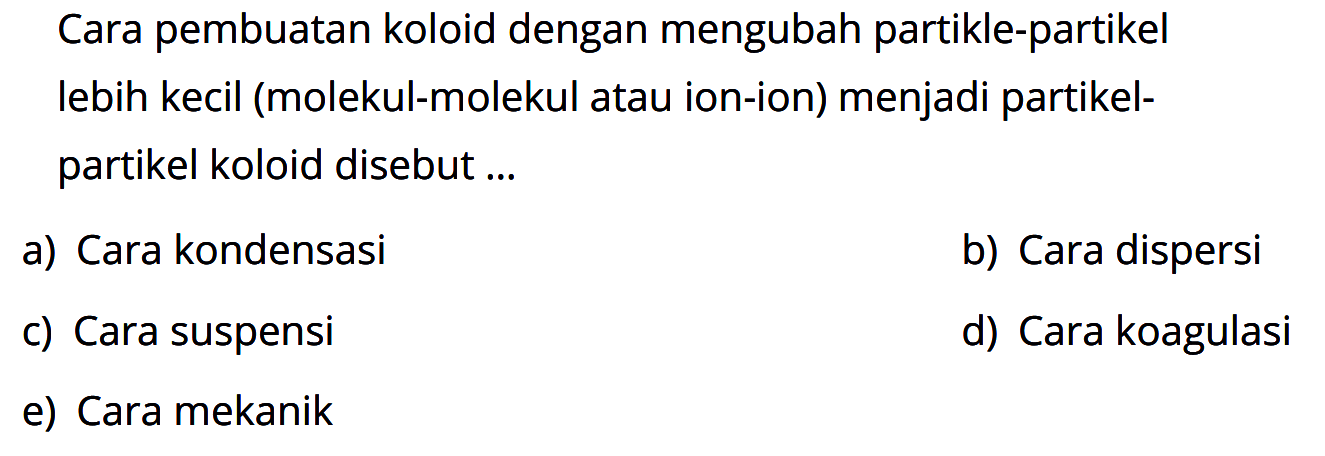 Cara pembuatan koloid dengan mengubah partikle-partikel lebih kecil (molekul-molekul atau ion-ion) menjadi partikelpartikel koloid disebut ...
a) Cara kondensasi
b) Cara dispersi
c) Cara suspensi
d) Cara koagulasi
e) Cara mekanik