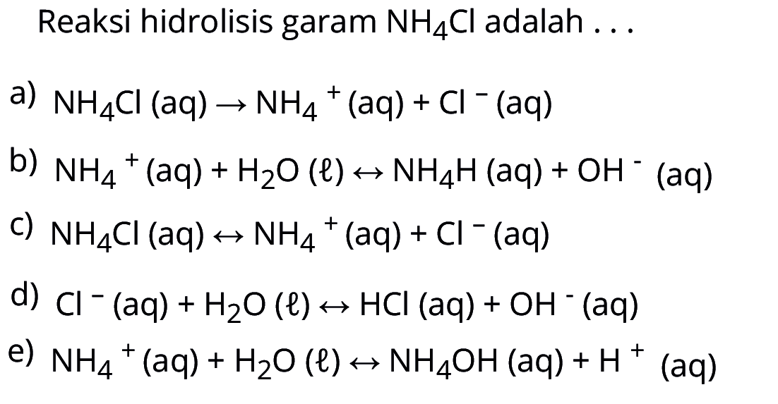 Reaksi hidrolisis garam NH4 Cl adalah ...