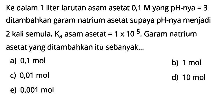 Ke dalam 1 liter larutan asam asetat 0,1 M yang pH-nya=3 ditambahkan garam natrium asetat supaya pH-nya menjadi 2 kali semula. Ka asam asetat=1x10^(-5). Garam natrium asetat yang ditambahkan itu sebanyak ... 