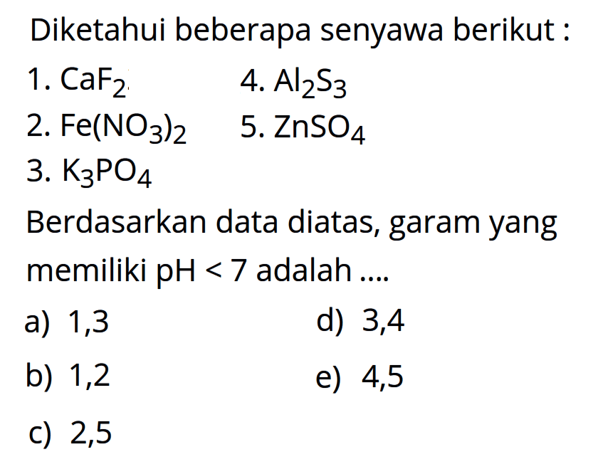 Diketahui beberapa senyawa berikut :1.  CaF2 4.  Al2S3 2.  Fe(NO3)2 5.  ZnSO4 3.  K3PO4 Berdasarkan data diatas, garam yang memiliki pH<7  adalah ....