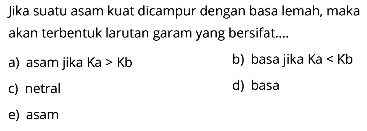 Jika suatu asam kuat dicampur dengan basa lemah, maka akan terbentuk larutan garam yang bersifat....
