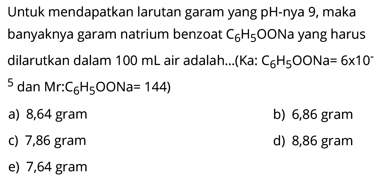 Untuk mendapatkan larutan garam yang pH -nya 9, maka banyaknya garam natrium benzoat C6H5OONa yang harus dilarutkan dalam 100 mL air adalah...(Ka: C6H5OONa= 6x10^-5 dan Mr:C6H5OONa=144)