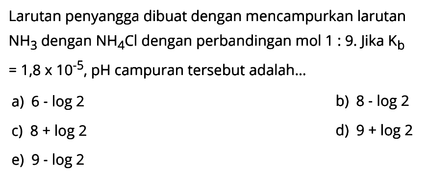 Larutan penyangga dibuat dengan mencampurkan larutan  NH3  dengan  NH4 Cl  dengan perbandingan mol 1: 9. jika  Kb   =1,8 x 10^-5, pH  campuran tersebut adalah...