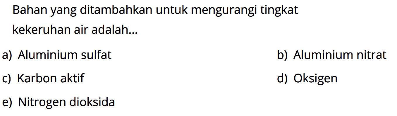 Bahan yang ditambahkan untuk mengurangi tingkat kekeruhan air adalah...