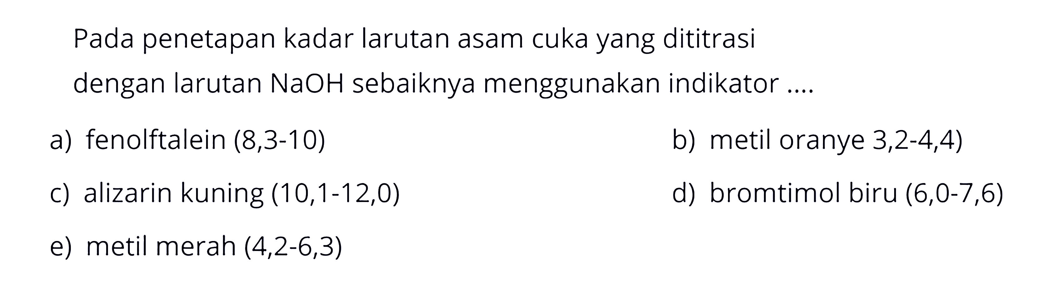 Pada penetapan kadar larutan asam cuka yang dititrasi dengan larutan NaOH sebaiknya menggunakan indikator .... 